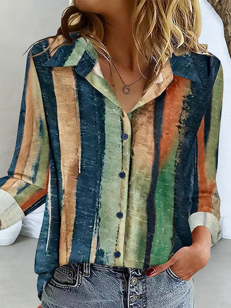 

Shirt Collar Long Sleeve Striped Regular Loose Shirt For Women, Green, Shirts