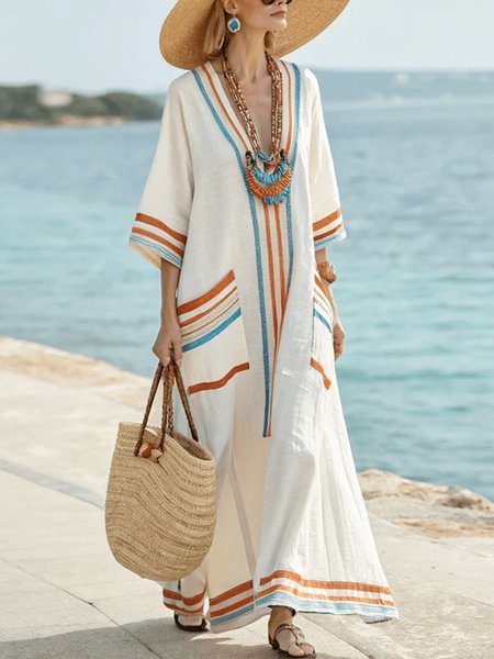 

Vacation Color Block Printing V Neck Maxi Dress, Orange, Maxi Dresses