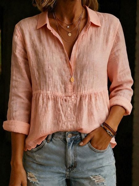 

Shirt Collar Long Sleeve Plain Regular Loose Shirt For Women, Pink, Shirts