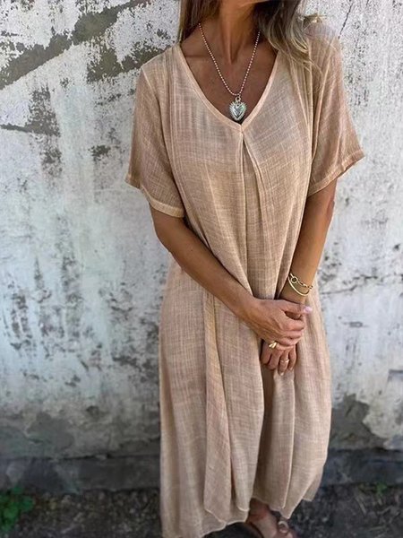 

Casual Plain V Neck Maxi Dress, Apricot, Maxi Dresses