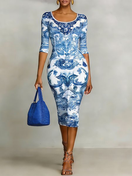 

Urban Geometric Printing Midi Dress, Blue, Midi Dresses