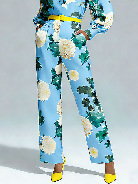 

Urban Floral Printing Straight Pants No Belt, Blue, Pants
