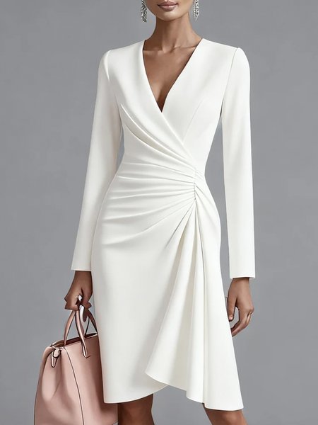 

Urban Plain Ruched V Neck Midi Dress, White, Midi Dresses
