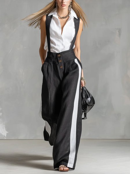

Cotton And Linen Casual Buttoned Color Block Overall Bib Pants, Black-white, Jumpsuits