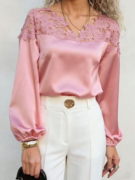 

Satin Elegant Plain V Neck Blouse, Pink, Blouses and Shirts