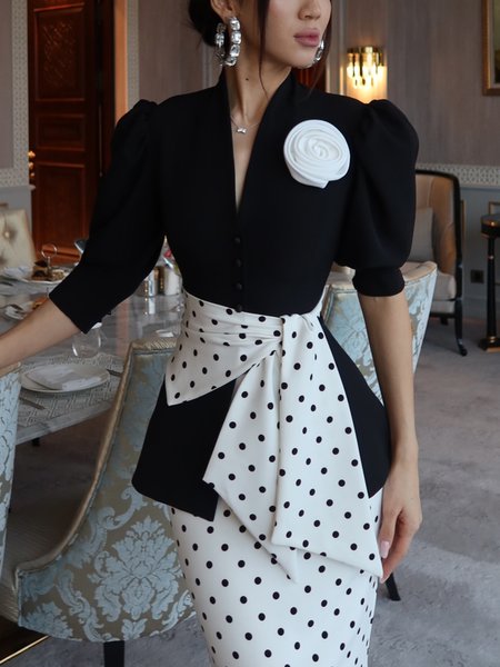

Elegant Plain 3D Floral Buttoned V Neck Puff Sleeve Shirt With Belt, Black, Blouses and Shirts