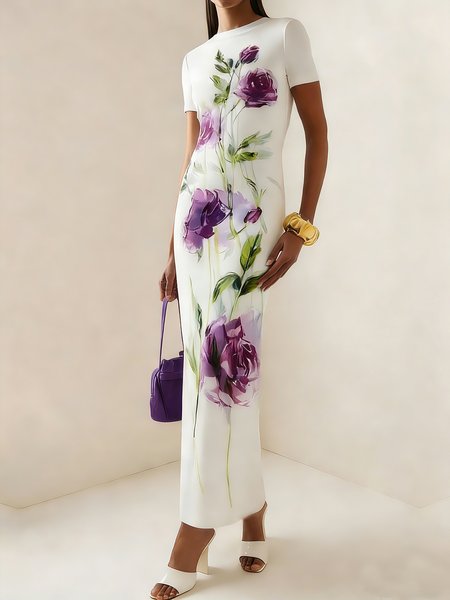 Elegant Floral  Printing Crew Neck Maxi Dress