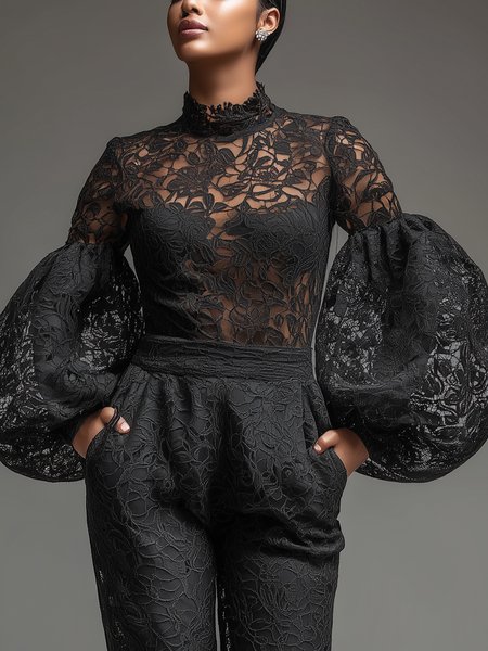 

Elegant Plain Stand Collar Balloon Sleeve Blouse, Black, Blouses and Shirts