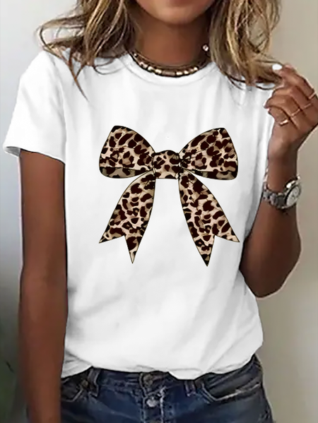 

Casual Leopard Crew Neck Short Sleeve T-shirt, White, T-shirts