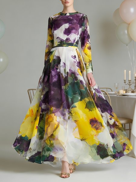 

Elegant Floral Printing Crew Neck Maxi Dress, Purple, Cocktail Dresses