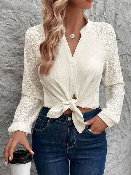 V Neck Long Sleeve Plain Jacquard Regular Micro-Elasticity Loose Tunic Shirt For Women