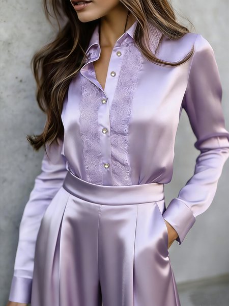 

Satin Elegant Plain Lace Edge Shirt Collar Shirt, Purple, Blouses and Shirts