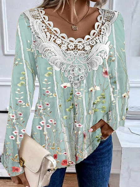 

Casual Floral Crew Neck Long Sleeve T-shirt, Green, Blouses