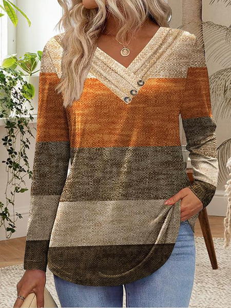 

Casual Striped V Neck Long Sleeve T-shirt, Yellow brown, T-shirts