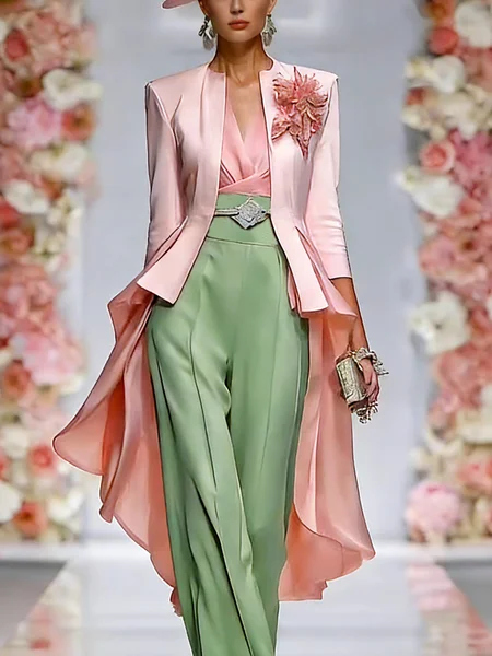 Elegant Irregular Craftsmanship Plain Crew Neck Jacket With 3D Floral