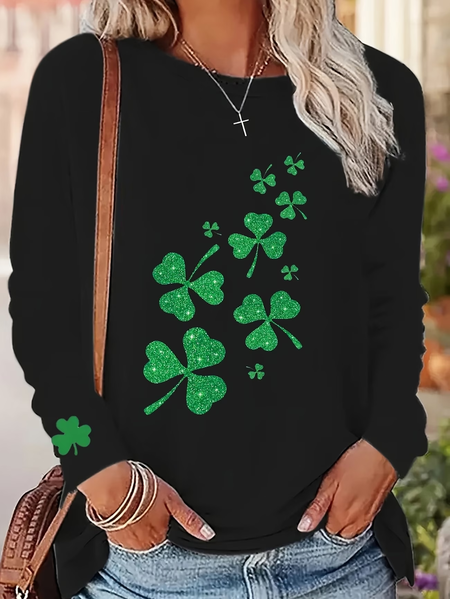 

Casual Shamrock Crew Neck Long Sleeve T-shirt, Black, T-shirts