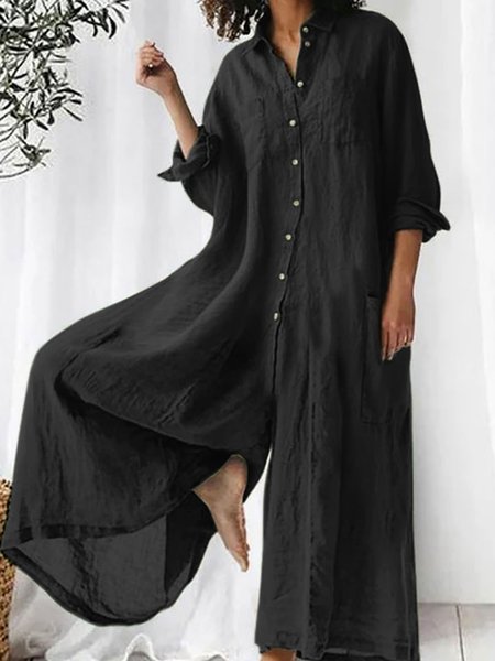 Women Plain Shawl Collar Long Sleeve Casual Spring/Fall Cotton-Blend Jumpsuit