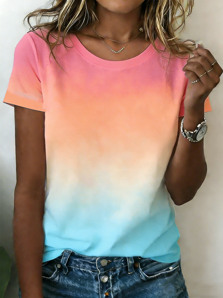 

Casual Gradient Pattern Crew Neck Short Sleeve T-shirt, Pink, T-shirts