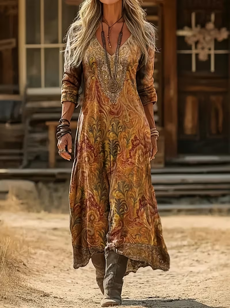 

Women Abstract Spring/Fall Printing Dress V Neck Long Sleeve H-Line Dress, Yellow brown, Dresses