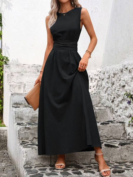 

Women Plain Summer Dress Crew Neck Sleeveless Fit & Flare Dress A-Line Dress, Black, Dresses