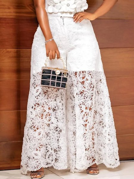 

Elegant Plain Wide Leg Fashion Pants, White, Pants