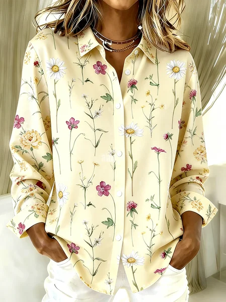 Shirt Collar Long Sleeve Floral Regular Loose Shirt For Women