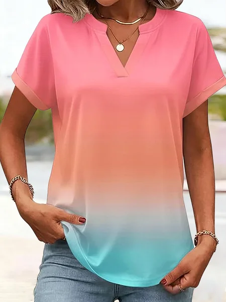 V Neck Short Sleeve Gradient Pattern Lightweight Loose Shirt For Women