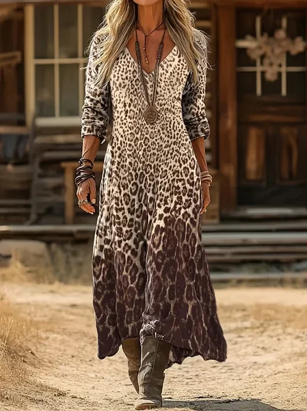 Women Leopard Spring/Fall Printing Dress V Neck Long Sleeve H-Line Dress