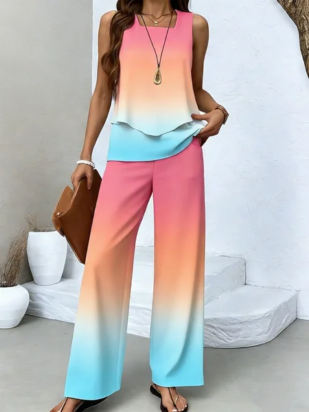 Women Gradient Pattern Two-Piece Set Daily Sleeveless Casual Summer Top With Pants Matching Set