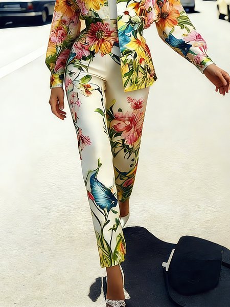 

Elegant Floral Printing Straight Pants, As picture, Pants