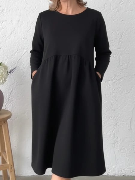 

Women Plain Long Sleeve Crew Neck Split Joint Dress Daily Casual Knee Length A-Line Summer Dress, Black, Dresses