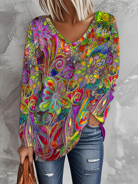 

Women Abstract Long Sleeve Tee T-shirt V Neck Printing Casual Graphic Tee Spring/Fall Top, Fuchsia, T-Shirts