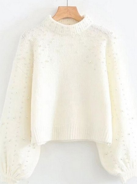 

Women Plain Beaded Winter Street Balloon Sleeve Long Sleeve Mock Neck Cotton-Blend Sweater, White, Sweaters