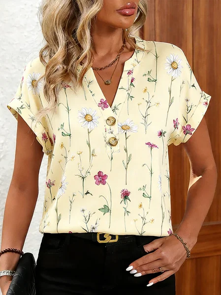 Elegant Floral V Neck Short Sleeve T-shirt