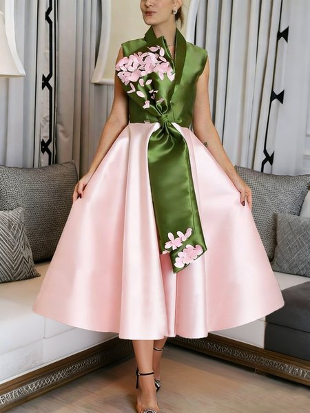 

Elegant Color Block Split Joint V Neck Maxi Party Dress, As picture, Cocktail Dresses