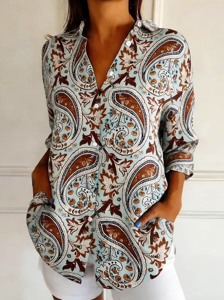 Shirt Collar Long Sleeve Cashew Flowers Regular Loose Shirt For Women