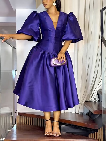 

Satin Elegant Plain Puff Sleeve V Neck Midi Party Dress, Purple, Cocktail Dresses