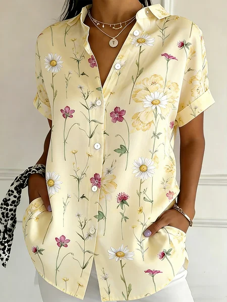 Shawl Collar Short Sleeve Floral Regular Regular Fit Shirt For Women