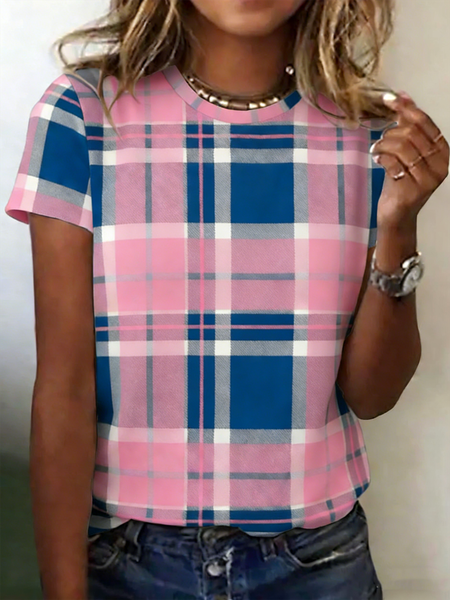 

Casual Plaid Crew Neck Short Sleeve T-shirt, Pink, T-shirts