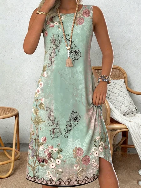 Women Geometric Summer Dress Crew Neck Sleeveless Tank A-Line Dress