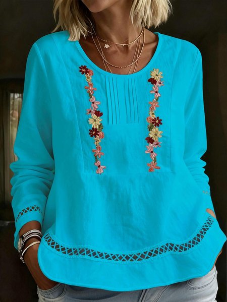 

Women's Long Sleeve Shirt Spring/Fall White Floral Split Joint Cotton Crew Neck Daily Going Out Casual Top, Blue, Blouses & Shirts