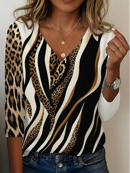 

Women Leopard Long Sleeve Tee T-shirt V Neck Printing Casual Graphic Tee Spring/Fall Top, As picture, T-Shirts