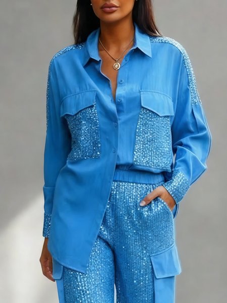 

Casual Plain Buttoned Glitter Shirt, Blue, Blouses and Shirts