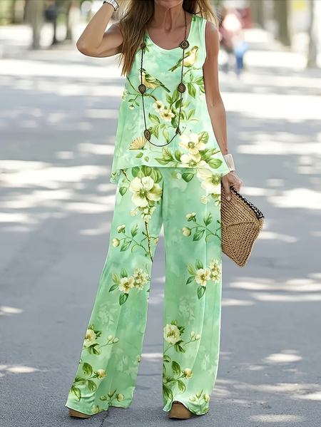 

Women Floral Printing Two-Piece Set Daily Sleeveless Casual Summer Multi-Piece Set Matching Set, Green, Sets