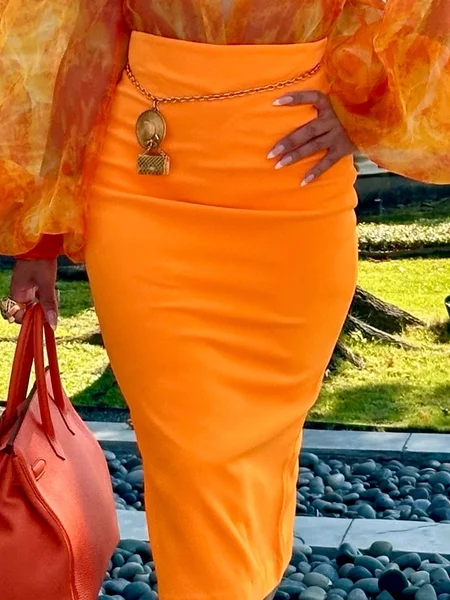 

Elegant Plain Midi Skirt, Orange, Skirts