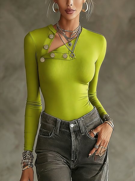 

Urban Plain Buttoned Asymmetrical T-shirt, As picture, Tees