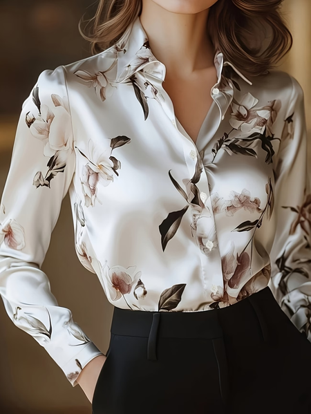 Shawl Collar Long Sleeve Floral Regular Micro-Elasticity Regular Fit Button Up Shirt Shirt For Women