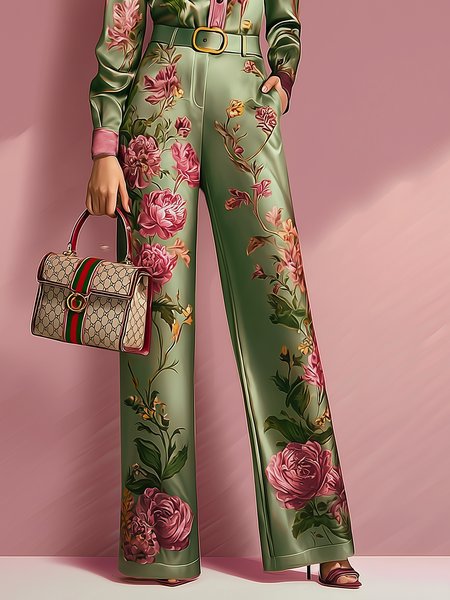 

Urban Floral Printing Straight Pants With Belt, Green, Pants