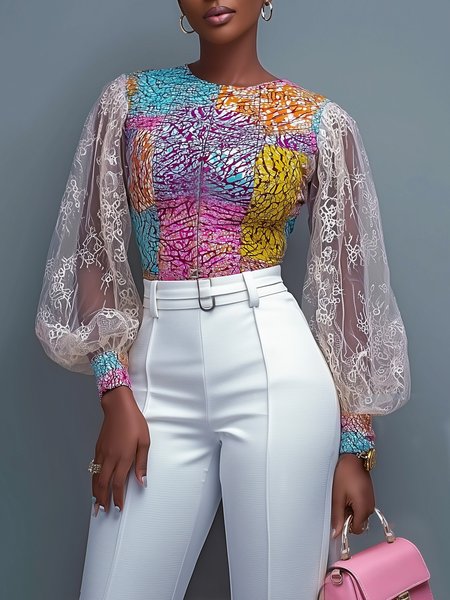 Elegant Color Block Printing Crew Neck Puff Sleeve Blouse