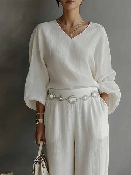 

Cotton And Linen Casual Plain V Neck Cotton And Linen Blouse, White, Blouses and Shirts